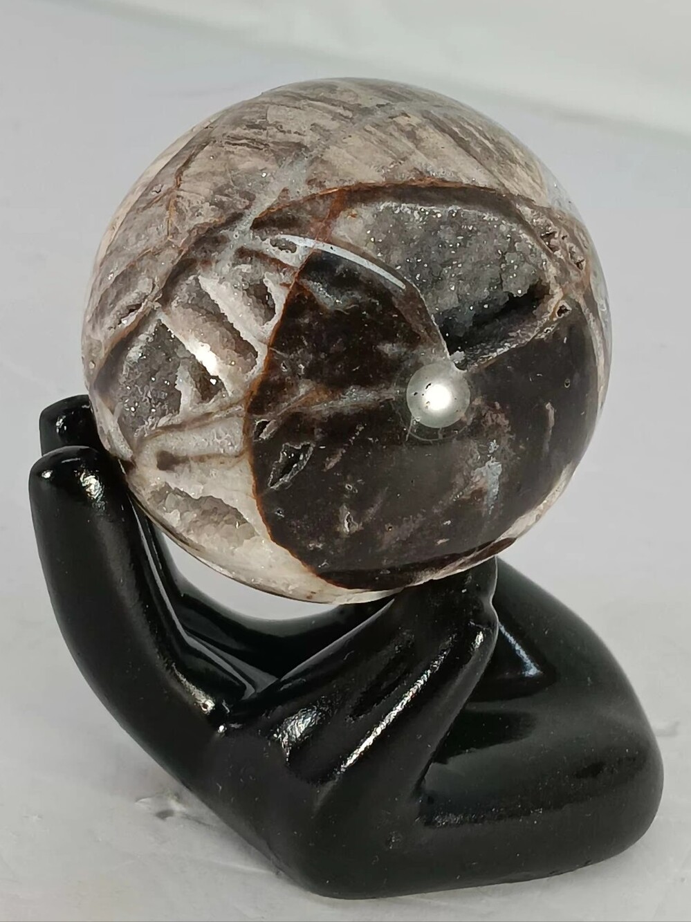 Polished  Chocolate Sphalerite Sphere W/Druzy On Black Hand Pedestal New